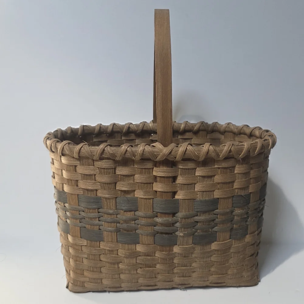 Vintage Handcrafted Woven Splint Basket Brown and Gray 1987